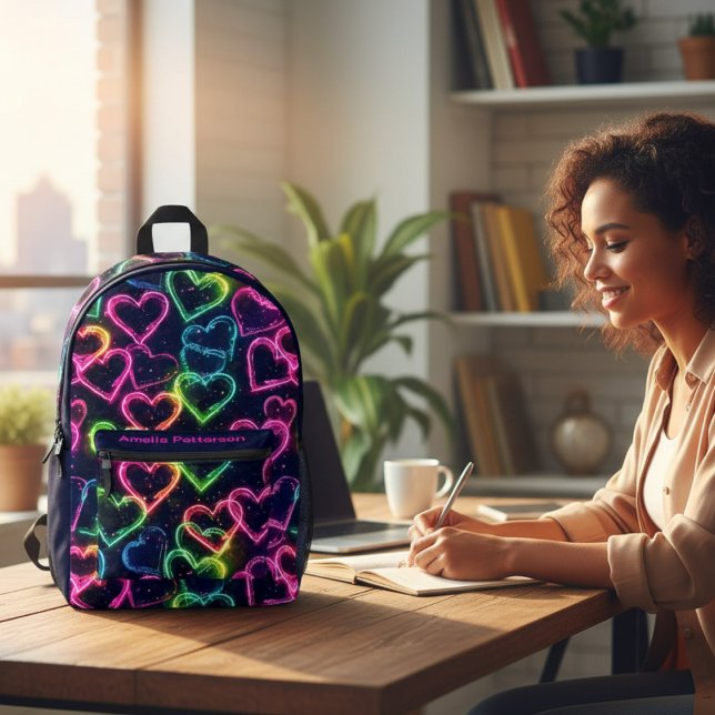 Colourful Modern Girly Neon Love Heart Personalise Printed Backpack (Creator Uploaded)