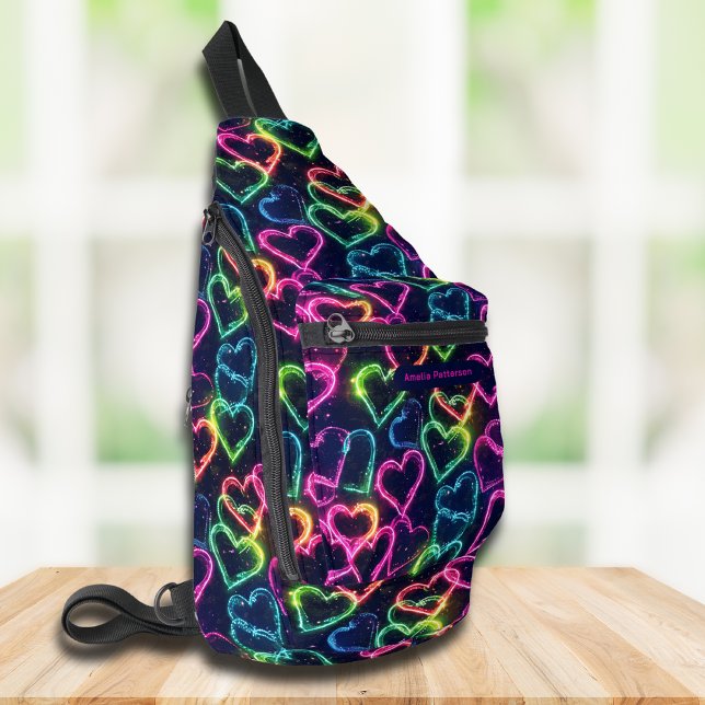Colourful Modern Girly Neon Love Heart Personalise Sling Bag (Creator Uploaded)