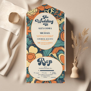 Colourful Modern Groovy Retro 70s Floral Wedding All In One Invitation