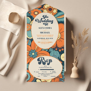 Colourful Modern Groovy Retro 70s Floral Wedding All In One Invitation