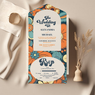 Colourful Modern Groovy Retro 70s Floral Wedding All In One Invitation