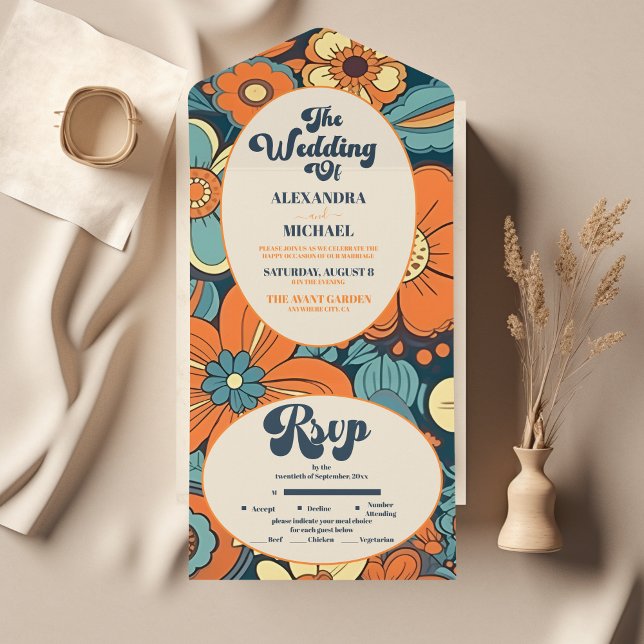 Colourful Modern Groovy Retro 70s Floral Wedding All In One Invitation (Creator Uploaded)