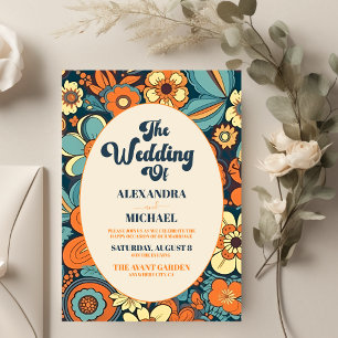Colourful Modern Groovy Retro 70s Floral Wedding Invitation
