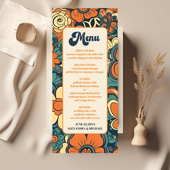 Colourful Modern Groovy Retro 70s Floral Wedding Menu (Creator Uploaded)