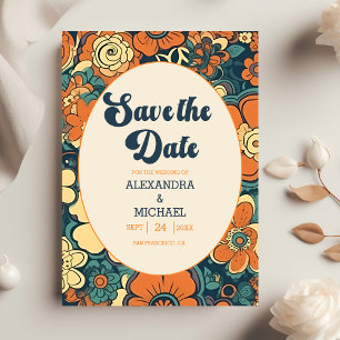 Colourful Modern Groovy Retro 70s Floral Wedding Save The Date