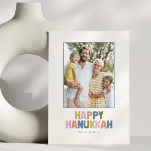 Colourful Modern Hanukkah Family Photo Blue Stripe Holiday Card