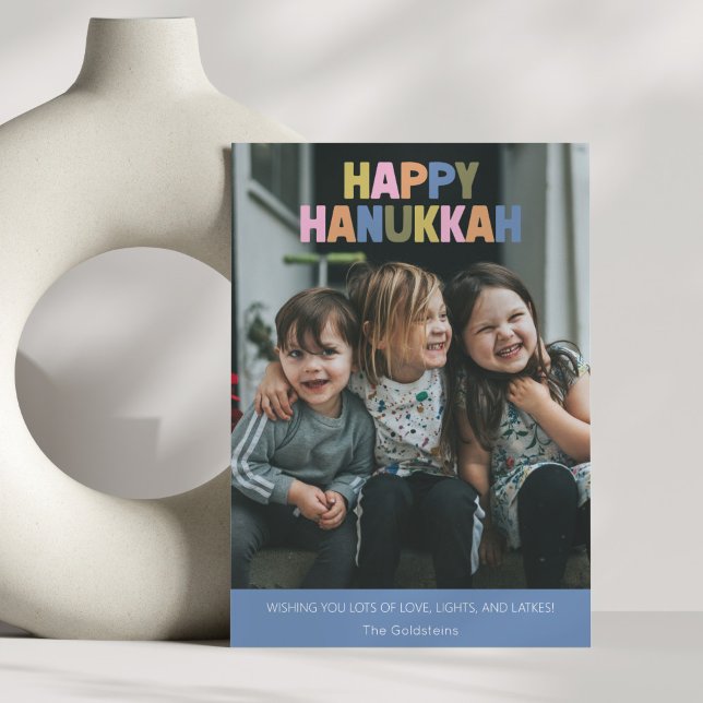 Colourful Modern Hanukkah Greeting 2 Photo Holiday Card (Creator Uploaded)