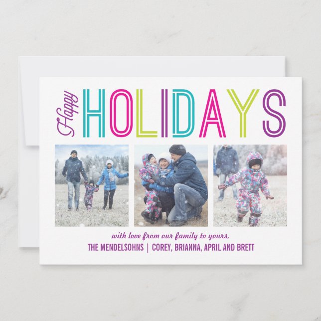 Colourful Modern Happy Holidays 3 Photo Holiday Card (Front)