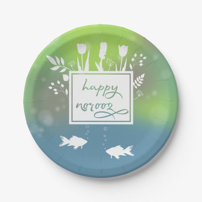 Colourful Modern Happy Norooz Letters Fish Flowers Paper Plate (Front)