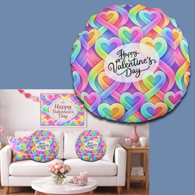 Colourful Modern Hearts Pattern Valentine’s Day Round Cushion (Creator Uploaded)