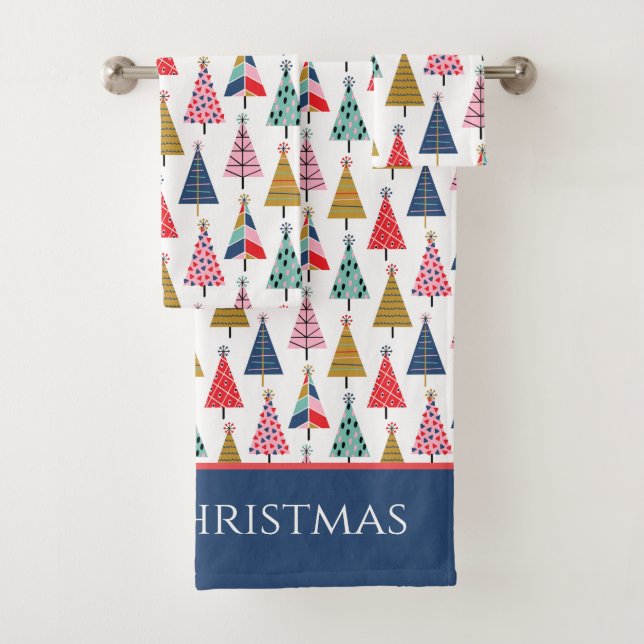 Colourful Modern Holiday Trees Pattern Bath Towel Set (Insitu)