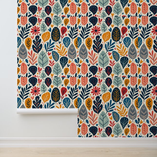Colourful Modern Leaf and Floral Pattern Wallpaper (Application)