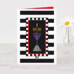 Colourful Modern Menorah Greeting Card<br><div class="desc">A very colourful and modern menorah is superimposed over bold black and white stripes.  Interior card reads "Shabbat Shalom!" and is bordered and coordinated for your writing pleasure.  ~ karyn</div>