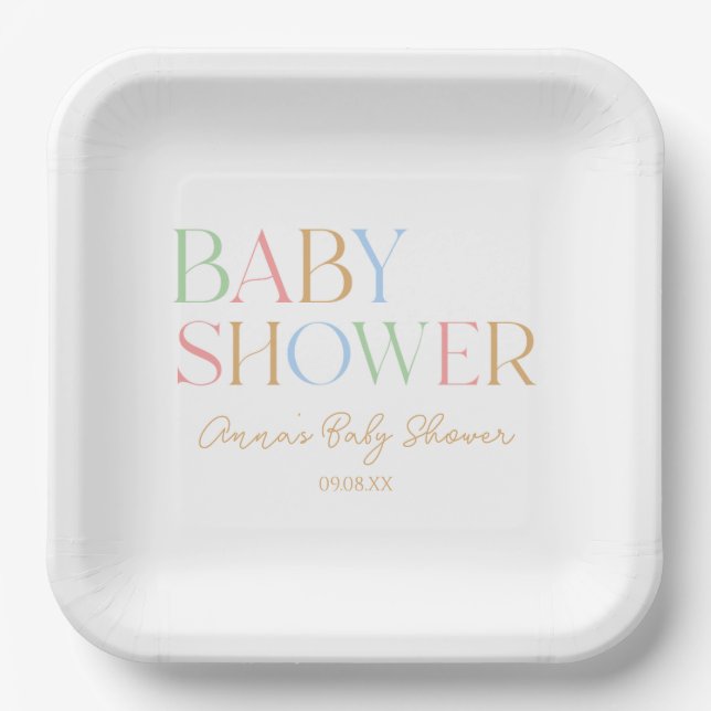 Colourful Modern Minimal Minimalist Baby Shower  Paper Plate (Front)