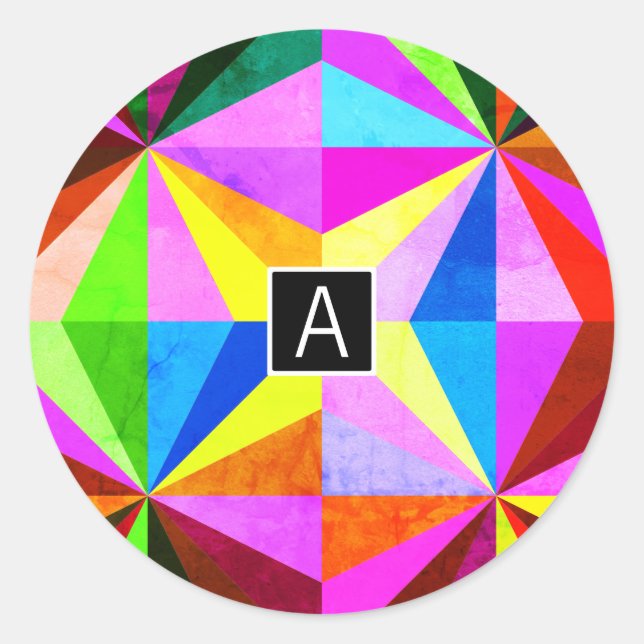 Colourful Modern Multi-Coloured Geometric | Monogr Classic Round Sticker (Front)