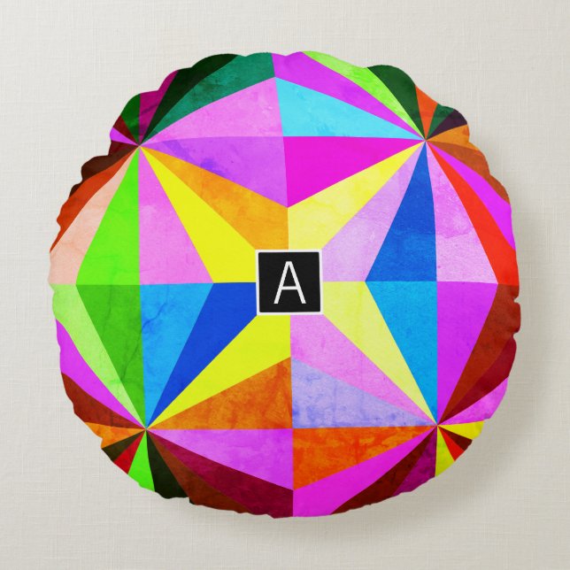 Colourful Modern Multi-Coloured Geometric | Monogr Round Cushion (Front)