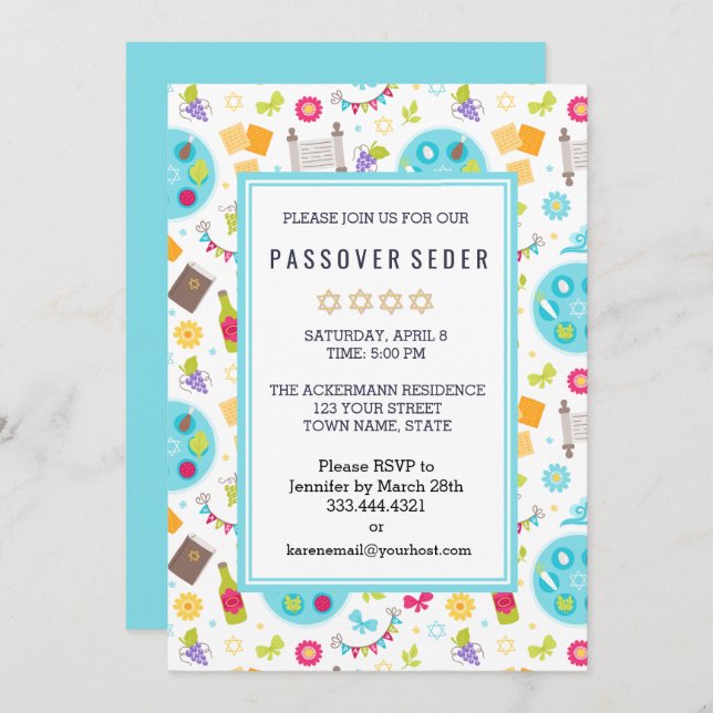 Colourful Modern Passover Sedar Invitations (Front/Back)