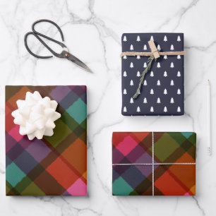 Colourful Modern Plaid and Trees Christmas Wrapping Paper Sheet