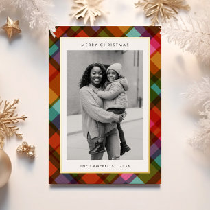 Colourful Modern Plaid Photo Christmas Foil Holiday Card