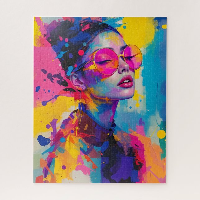 Colourful Modern Portrait Women in Pink glasses Jigsaw Puzzle (Vertical)