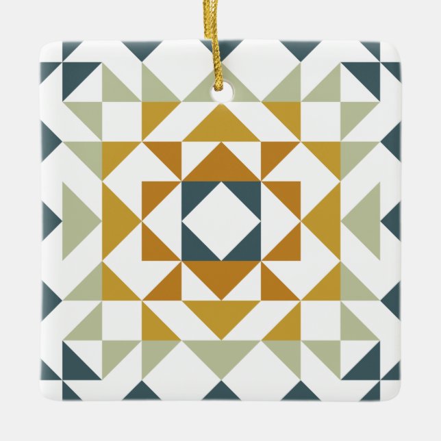 Colourful Modern Quilt Block Geometric Earthy Teal Ceramic Ornament (Front)