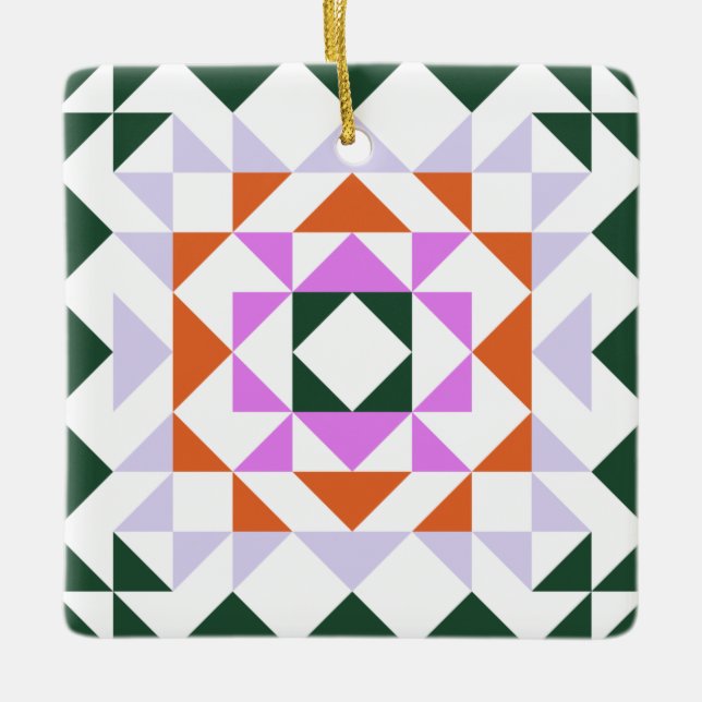 Colourful Modern Quilt Block Geometric Green Purpl Ceramic Ornament (Front)