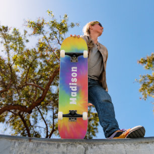 Colourful Modern Rainbow Tie Dye Swirl Custom Name Skateboard