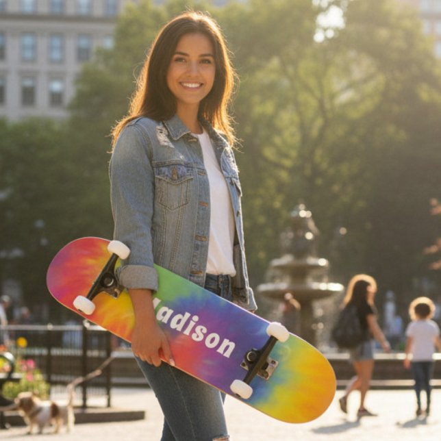Colourful Modern Rainbow Tie Dye Swirl Custom Name Skateboard (Creator Uploaded)