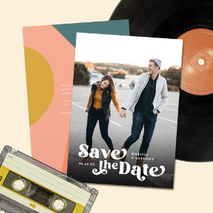 Colourful Modern Retro Full Photo Black Overlay Save The Date