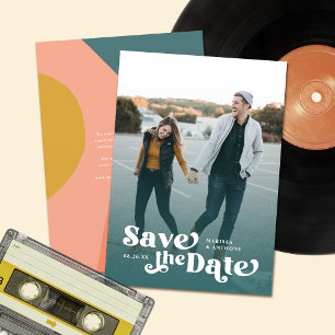 Colourful Modern Retro Full Photo Teal Overlay Save The Date