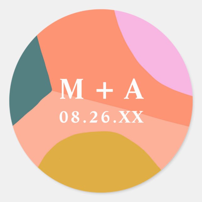 Colourful Modern Retro Monogram Wedding   Classic Round Sticker (Front)