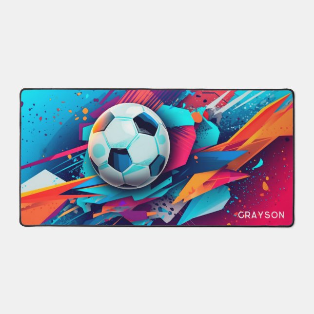 Colourful Modern Soccer Sport Personalised Name Desk Mat (Front)