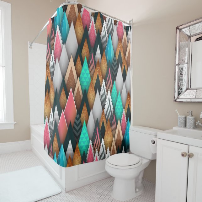 Colourful Modern Southwestern Aztec Teal Pink Brow Shower Curtain (In Situ)