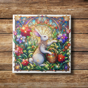 Colourful Modern Stained Glass Rabbit Easter Decor Tile
