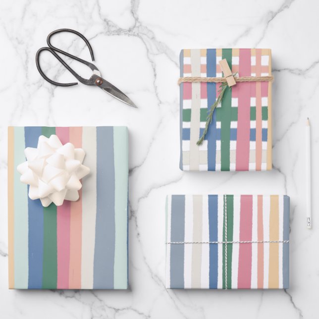 Colourful Modern Stripes Grid Pink Blue Wrapping Paper Sheet (Front)