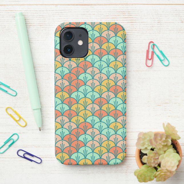 Colourful Modern Trendy Geometric Fish Scale iPhone Case (On Desk)