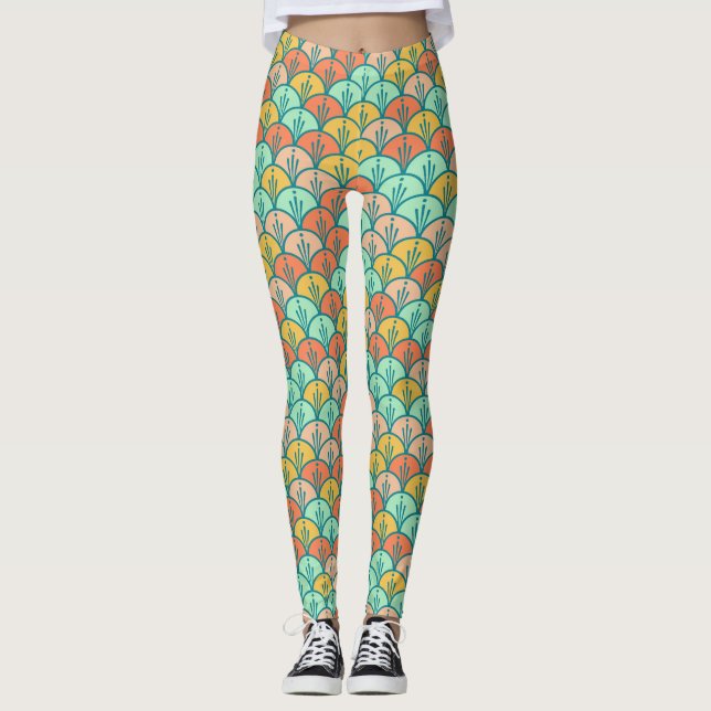 Colourful Modern Trendy Geometric Fish Scale Leggings (Front)