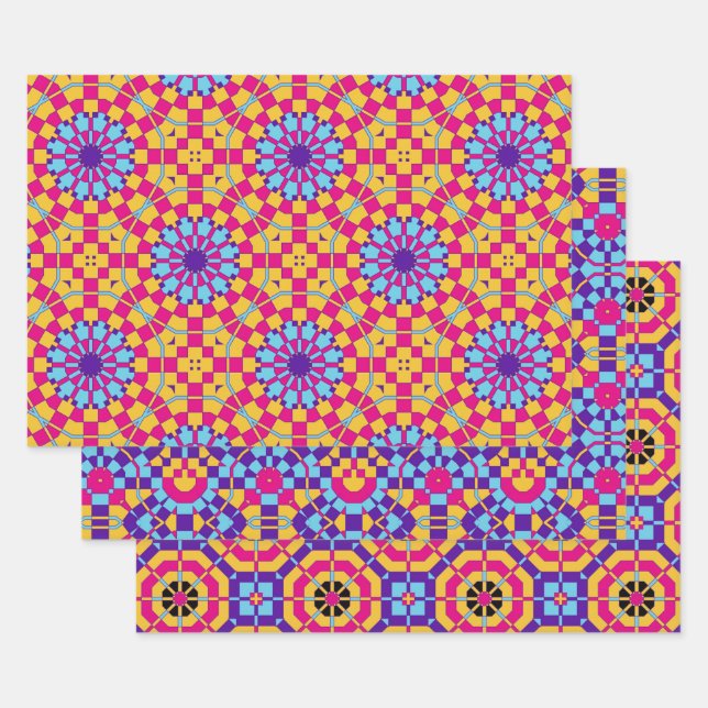 Colourful Modern Trendy Mosaic Geometric Patterns Wrapping Paper Sheet (Set)