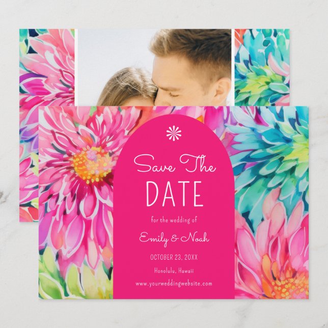 Colourful Modern Tropical Floral Wedding Photo Save The Date (Front/Back)