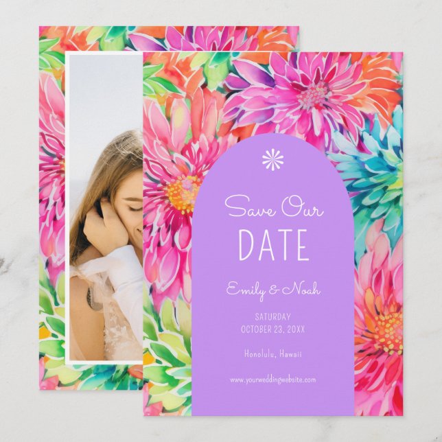 Colourful Modern Tropical Floral Wedding Photo Save The Date (Front/Back)