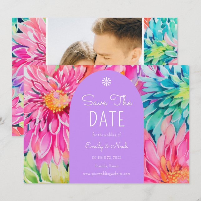 Colourful Modern Tropical Floral Wedding Photo Save The Date (Front/Back)