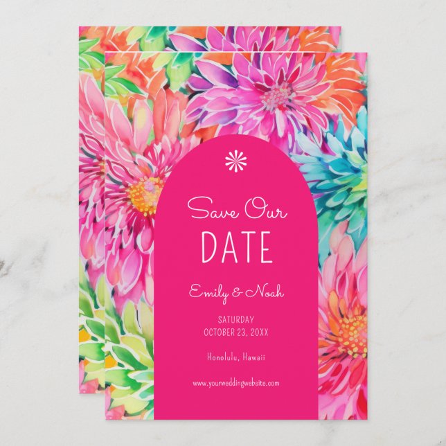 Colourful Modern Tropical Floral Wedding Photo Save The Date (Front/Back)