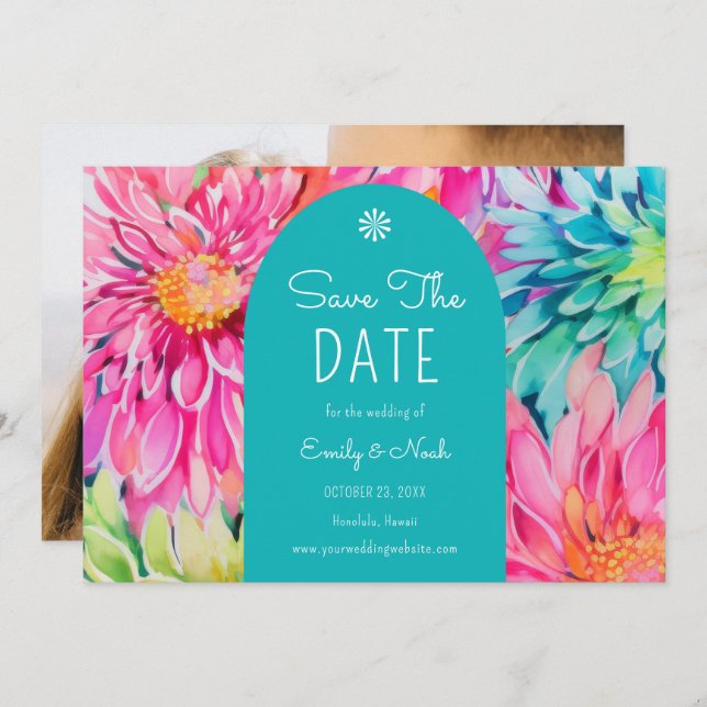 Colourful Modern Tropical Floral Wedding Photo Save The Date (Front/Back)