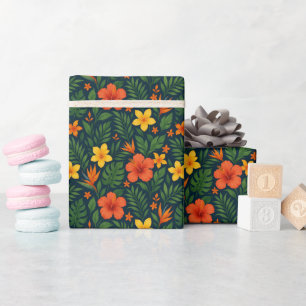 Colourful Modern Tropical Flowers on Navy Blue Wrapping Paper