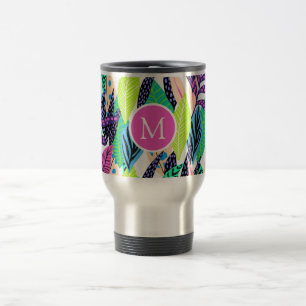 Colourful Modern Tropical Forest Leaves Monogram Travel Mug
