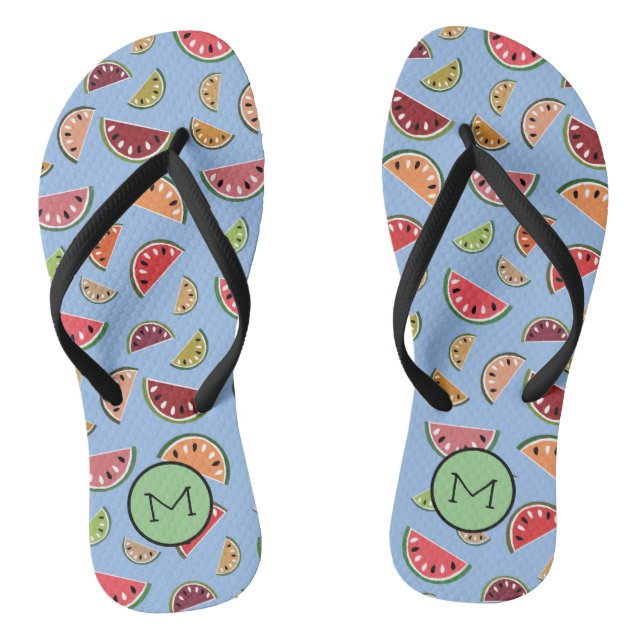 Colourful Modern Watermelon Pattern Monogram Flip Flops (Footbed)