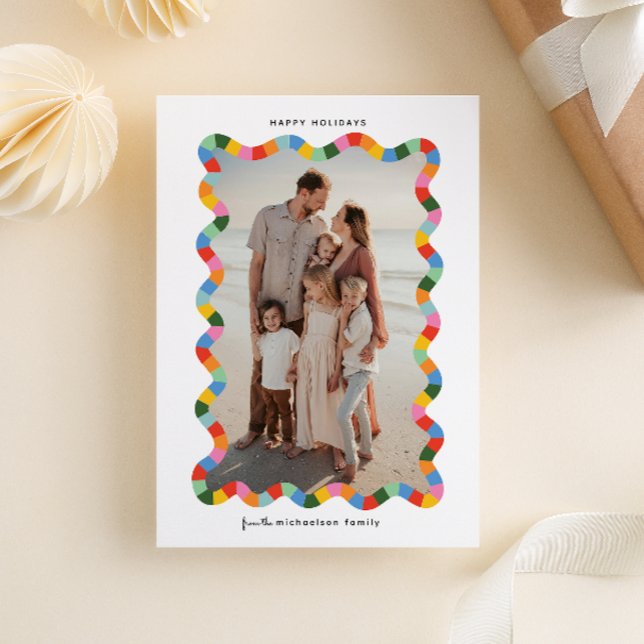 Colourful Modern Wavy Frame Photo Christmas Holiday Card (cheery and brightly colored checkered pattern border with fun wavy design family photo holiday card)