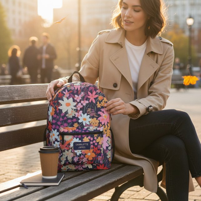 Colourful Modern Wild Flowers Personalised Name Printed Backpack (Creator Uploaded)