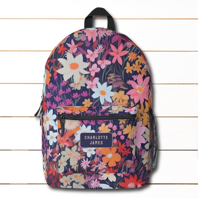 Colourful Modern Wild Flowers Personalised Name Printed Backpack (Creator Uploaded)