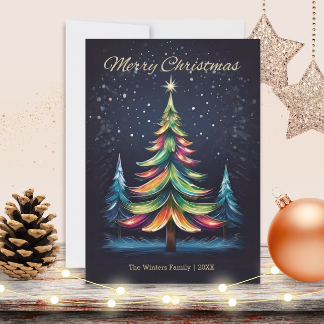 Colourful Modern Winter Trees Snow Merry Christmas Holiday Card (A stylish Christmas card with picture of a colorful Christmas tree on a winter night with snow)
